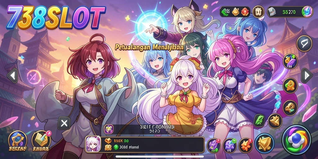 Tangkapan layar dari gameplay seru 738SLOT dengan karakter anime.