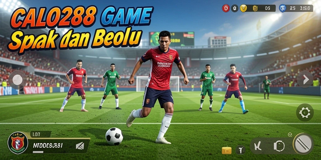 Screenshot gameplay <strong>CALO288</strong> menampilkan aksi seru di stadion sepak bola.